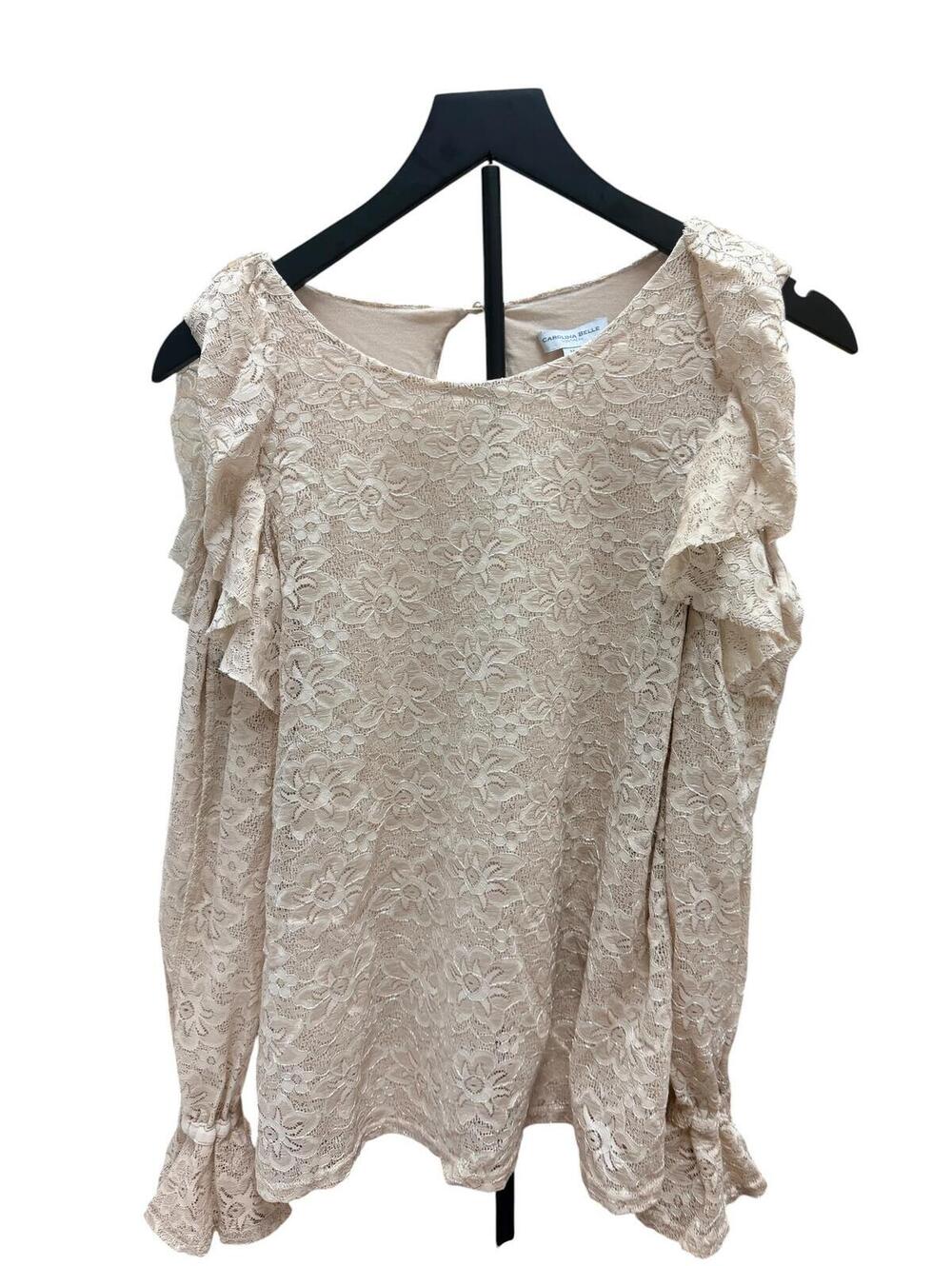 Carolina Belle Beige Lace Cold Shoulder Blouse with Ruffle Details - Picture 2 of 8